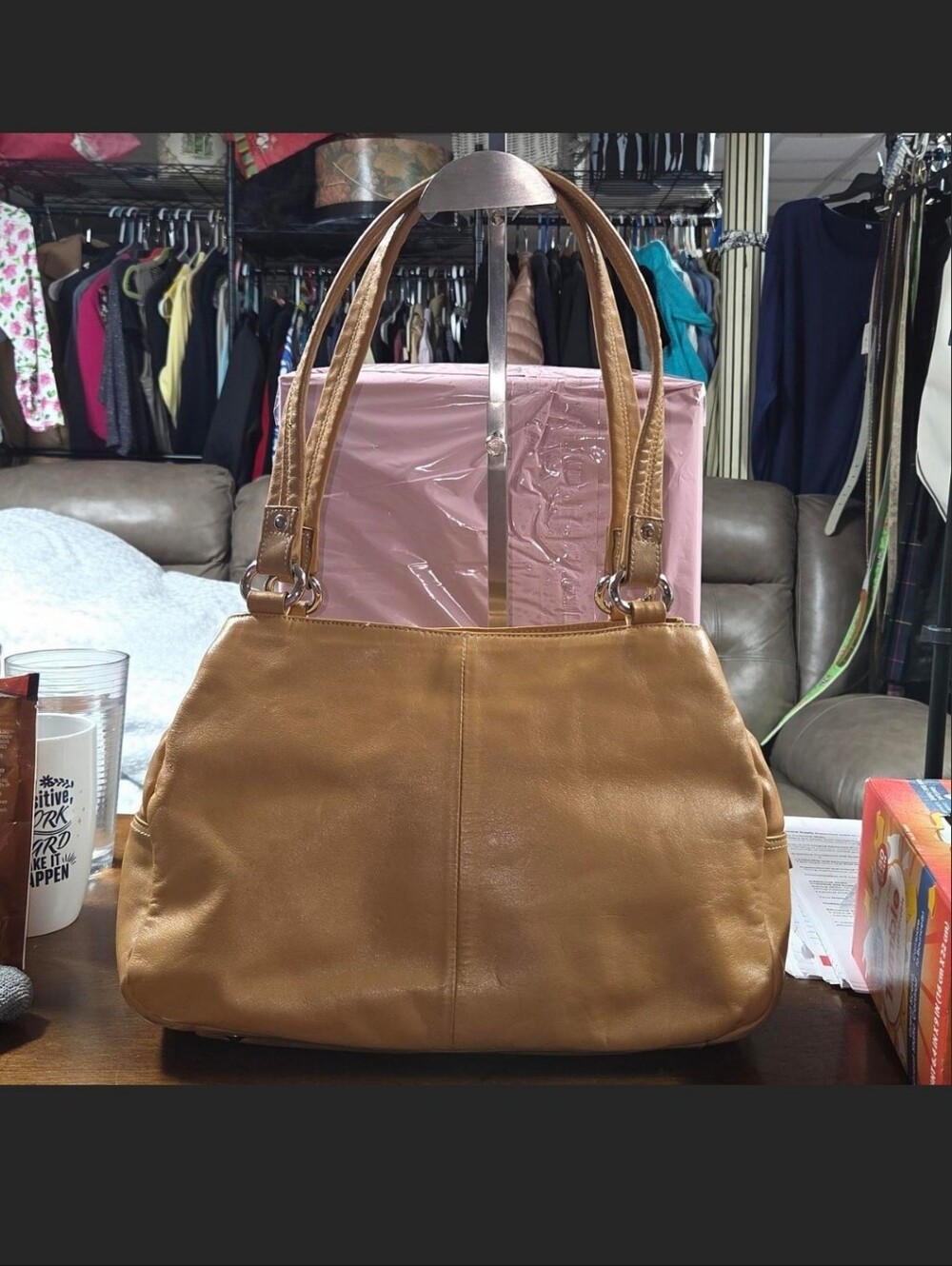 Perlina Tan Leather Double-Handle Shoulder Bag